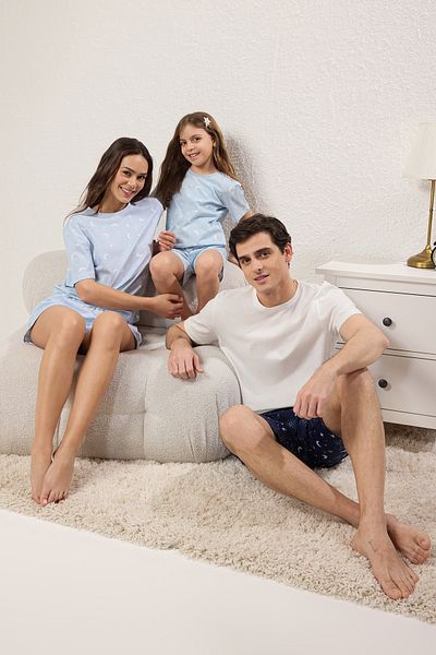 TRENDYOLKIDS Set pijamale de familie cu mâneci scurte, 100% bumbac, albastru TKDSS25PT00030