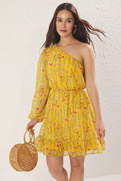 Trendyol Collection Κίτρινη φλοράλ φούστα με μονό μανίκι σιφόν Flight Flight υφαντό μίνι φόρεμα TWOSS25EL00442