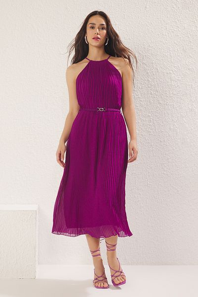 Trendyol Collection Purple Belt Pleated Chiffon Flight Flight Woven Midi Dress Twoss25El00573