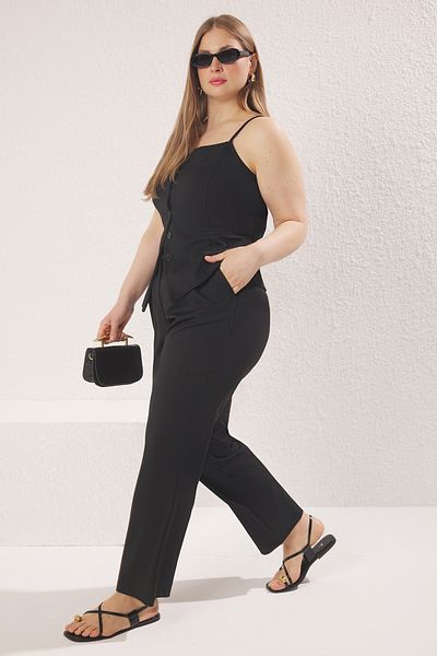 Trendyol Curve Black Straight/Straight Cut Pleated Woven Fabric Pants Tbbss25Ar00047