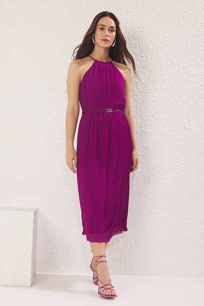 Trendyol Collection Purple Belt Pleated Chiffon Flight Flight Woven Midi Dress Twoss25El00573