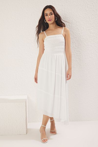Trendyol Collection Λευκό Απλό Maxi Υφαντό Φόρεμα TWOSS25EL00752