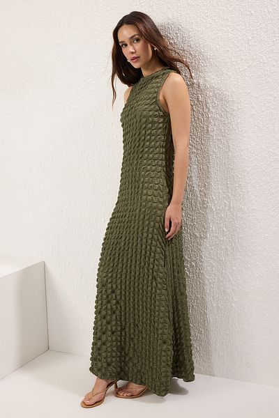 Trendyol Collection A-Line Bell Form Crew Neck / Maxi Dress - Khaki Plain Texture