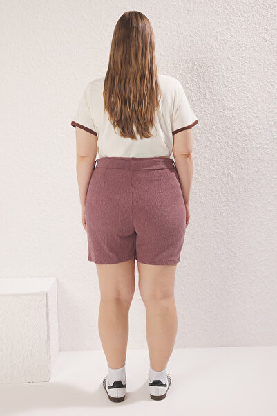 Trendyol Curve Plus Size Burgundy Shorts - Belt Detailed and Wrapped Texture Tbbss25Ap00035