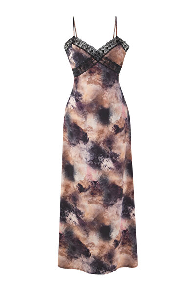 Trendyol Collection Περιορισμένης έκδοσης καφέ δαντέλα με αφηρημένο σχέδιο Maxi υφαντό φόρεμα TWOSS25EL00523