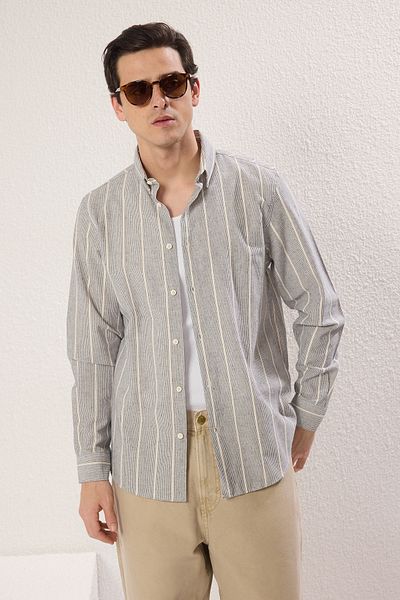 Trendyol Collection Бежева темно-синя білизна в смужку Regular Fit Linen Look Gomlek TMNSS25GO00037