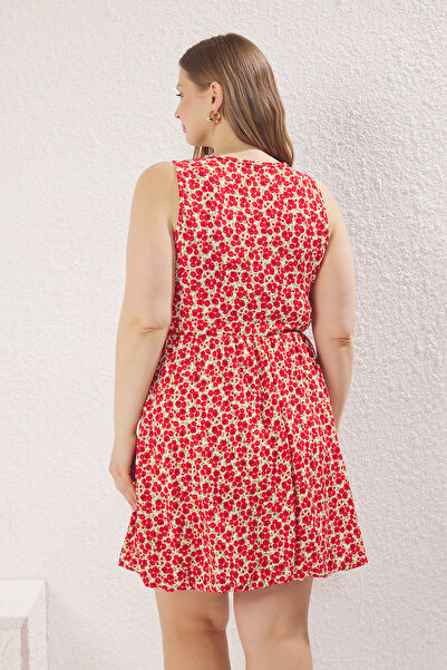 Trendyol Curve Floral Pattern Round Neck Balloon Skirt Large Size Dress Tbbss25Ah00173