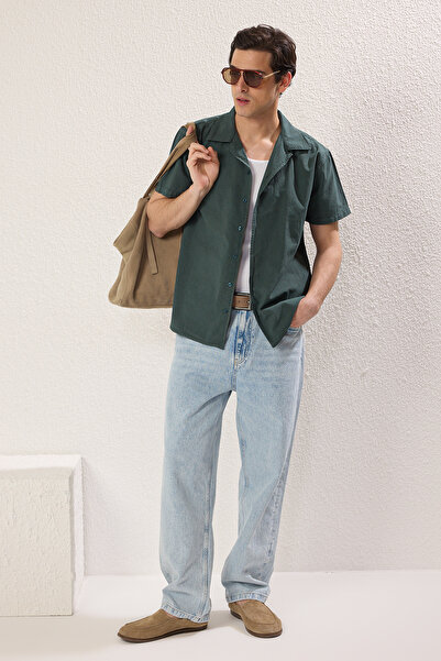 Trendyol Collection Темно-зелений Оверсайз Облягаючий комір апаж з коротким рукавом Льняна тканина 100 бавовна Літо Сорочка TMNSS25GO00018