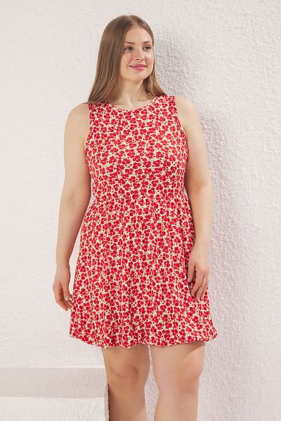 Trendyol Curve Floral Pattern Round Neck Balloon Skirt Large Size Dress Tbbss25Ah00173