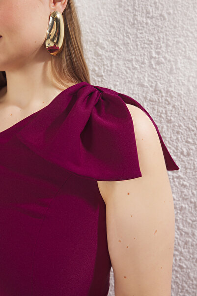 Trendyol Curve Plum One Shoulder Midi Woven Plus Size Dress with Ribbon