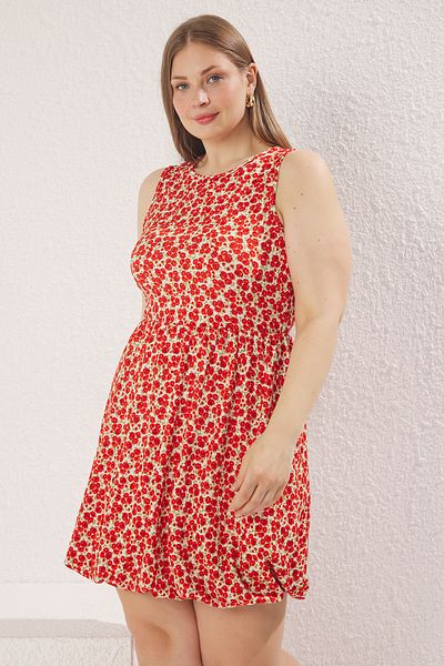 Trendyol Curve Floral Pattern Round Neck Balloon Skirt Large Size Dress Tbbss25Ah00173