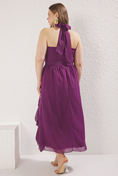 Trendyol Curve Fialové šifonové maxi volánky Halter Tkané šaty velké velikosti TBBSS25AH00170