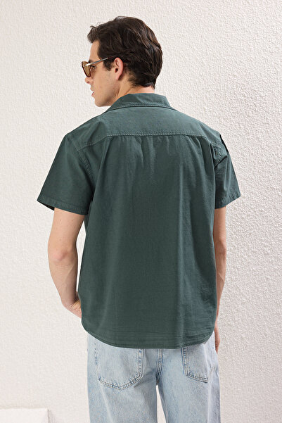 Trendyol Collection Темно-зелений Оверсайз Облягаючий комір апаж з коротким рукавом Льняна тканина 100 бавовна Літо Сорочка TMNSS25GO00018