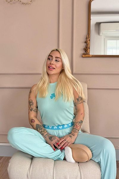 Pijamaevi Turquoise Clover Charm Patterned Knitted Zero Sleeve Women's Pajamas Set