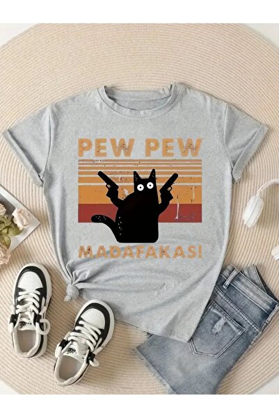 LAND MODA Tricou Black Cat " pentru femei - Casual Gât rotund, mânecă scurtă,