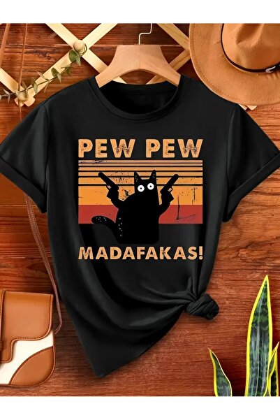 LAND MODA Tricou Black Cat " pentru femei - Casual Gât rotund, mânecă scurtă,