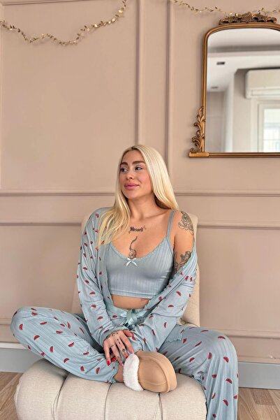 Pijamaevi Aqua Melon Bliss Desenli Sabahlıklı Marlenka Pijama Takımı