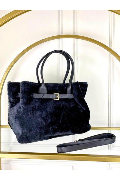modvina Geantă neagră de pluș premium cu textura moale – completează-ți stilul