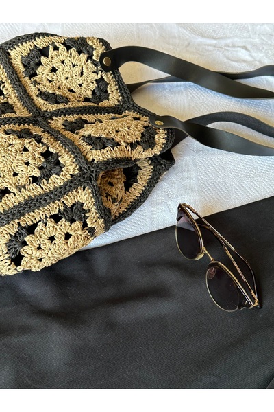 CraftNest El Yapımı Tığ Işi Siyah Örgü Çanta , Eski Motif Tasarım Astarlı Günlük Yazlık Şık Ve Kullanışlı
