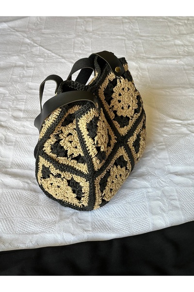 CraftNest El Yapımı Tığ Işi Siyah Örgü Çanta , Eski Motif Tasarım Astarlı Günlük Yazlık Şık Ve Kullanışlı