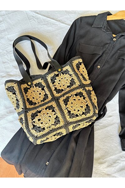 CraftNest El Yapımı Tığ Işi Siyah Örgü Çanta , Eski Motif Tasarım Astarlı Günlük Yazlık Şık Ve Kullanışlı