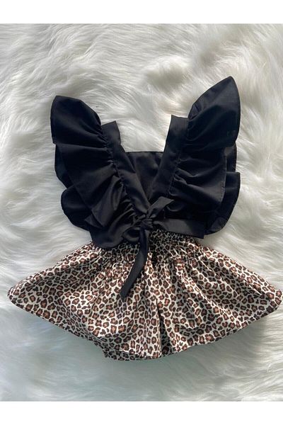 ŞAPKAKİDS Leopard Patterned Frilly Salopet Bandana Set