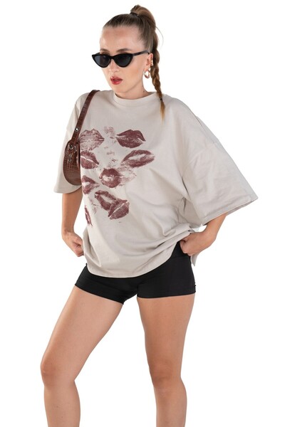 Lubue Kadın Oversize Lips Baskılı T-shirt