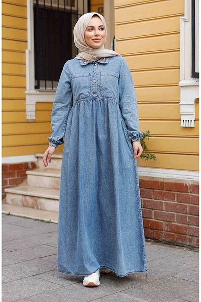 Pamuk Butik Women's Collar Patterned Denim Dress with Chest Pocket