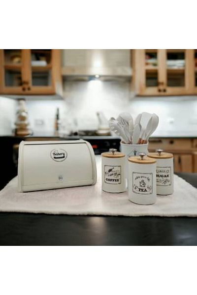 Generica Kitchen set consisting of silicone spoons, a metal baking tray, and a set of metal spice boxes, white color
