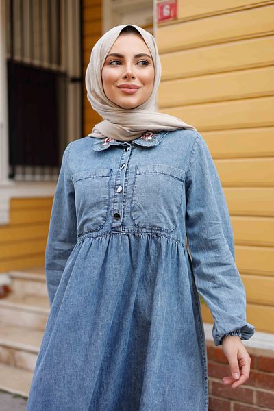 Pamuk Butik Women's Collar Patterned Denim Dress with Chest Pocket