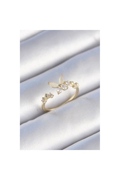 Skygo Brass Gold Color Zircon Stone Detailed White Enameled Butterfly Model Women's Ring - Tj-Byk3432