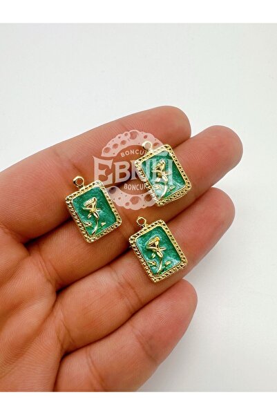 Ebruli Boncuk Altın Çerçeveli Dikdörtgen Gül Kabartmalı Kolye Ucu Takı Aksesu...