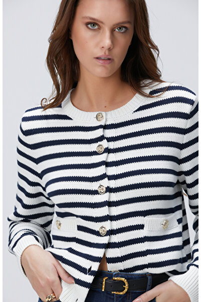 Network Lacivert Beyaz Çizgili Triko Ceket