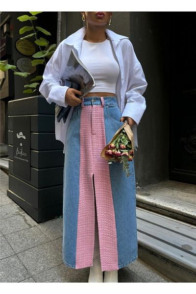 modaserdem Denim Skirt Pieces Long Front Slit - Pink