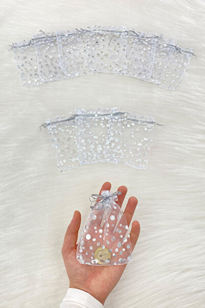 ZEYMERADE Gümüş Puantiyeli Kına Çerez Nişan Hediye Kesesi 50 Adet Ölçü 9x12cm...