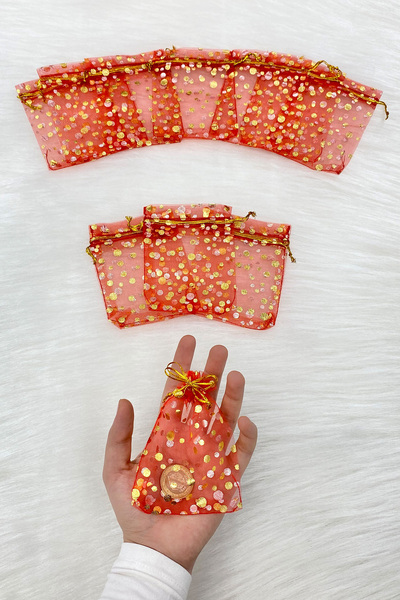 ZEYMERADE Kırmızı Gold Puantiyeli Kına Çerez Nişan Hediye Kesesi 50 Adet Ölçü...