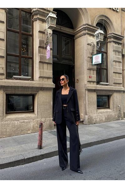 modaserdem Sleeve 4 button - 3 jacket pants set with bustier - black