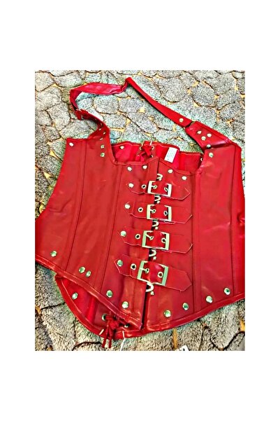 Generic Women's Underbust Corset - Red Steampunk Halter Neck Leather Bustiers with Rivets and Belt Waist Trainer
