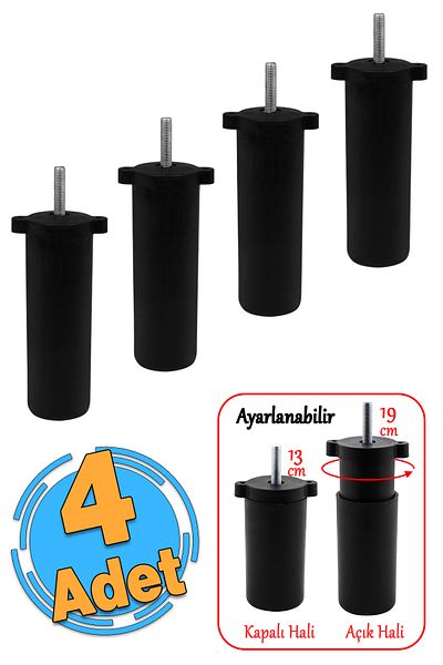 Badem10 4 buc. șuruburi M8 negre, reglabile, canapea, scaun, bază, picior de ridicare 13 cm