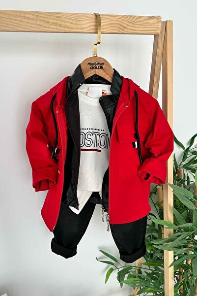 Minigimin Cicileri Miniğimin Cicileri 4 Parça Boston Deri Yelekli Kapüşonlu Ceketli Erkek Çocuk Takım - Kırmızı