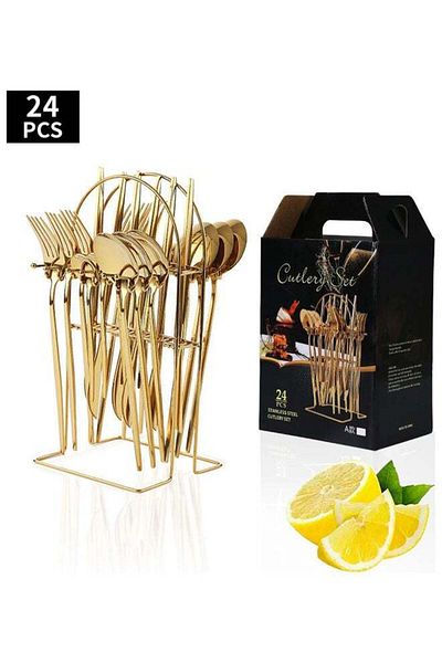 COOYA 24-Piece Cutlery Set With Storage Holder Gold