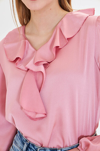 armonika Women's Light Pink Frilly Collared Shoulder Gathered Sleeve Elastic Cotton Satin Blouse ARM-22K001059