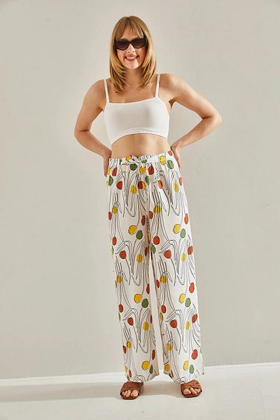 Bianco Lucci Women's Patterned Elastic Waist Tie Flowy Linen Palazzo Pants 60261520