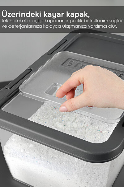 Meleni Home 2 Adet Etiketli Deterjan Saklama Kutusu - Kilitli Kayar Kapak Tablet Toz Deterjan Kabı 10 Lt Gri