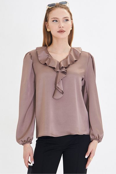 armonika Γυναικείο γιακά βιζόν με Frilled Shoulder Συγκεντρωμένο μανίκι ελαστικό βαμβακερό σατέν μπλούζα ARM-22K001059