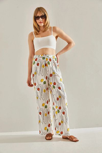 Bianco Lucci Women's Patterned Elastic Waist Tie Flowy Linen Palazzo Pants 60261520