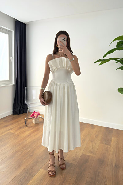 BİRCANÇİL Md Vesilla Ecru Linen Look Dress with Collar Detail