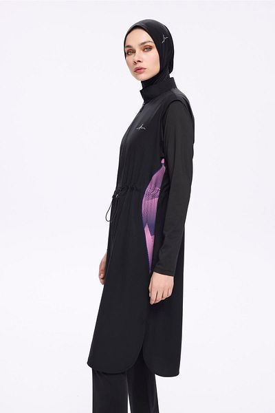 Haşema Underarm and Back Print Black 5 Piece Full Hijab Swimsuit Set 5022