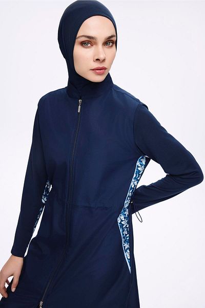 Nehar Underarm Patterned Navy Blue 3 Piece Woven Full Hijab Swimsuit Set 2279