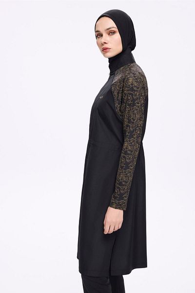 Nehar Black 3 Piece Woven Full Hijab Swimsuit Set with Patterned Sleeves 2273